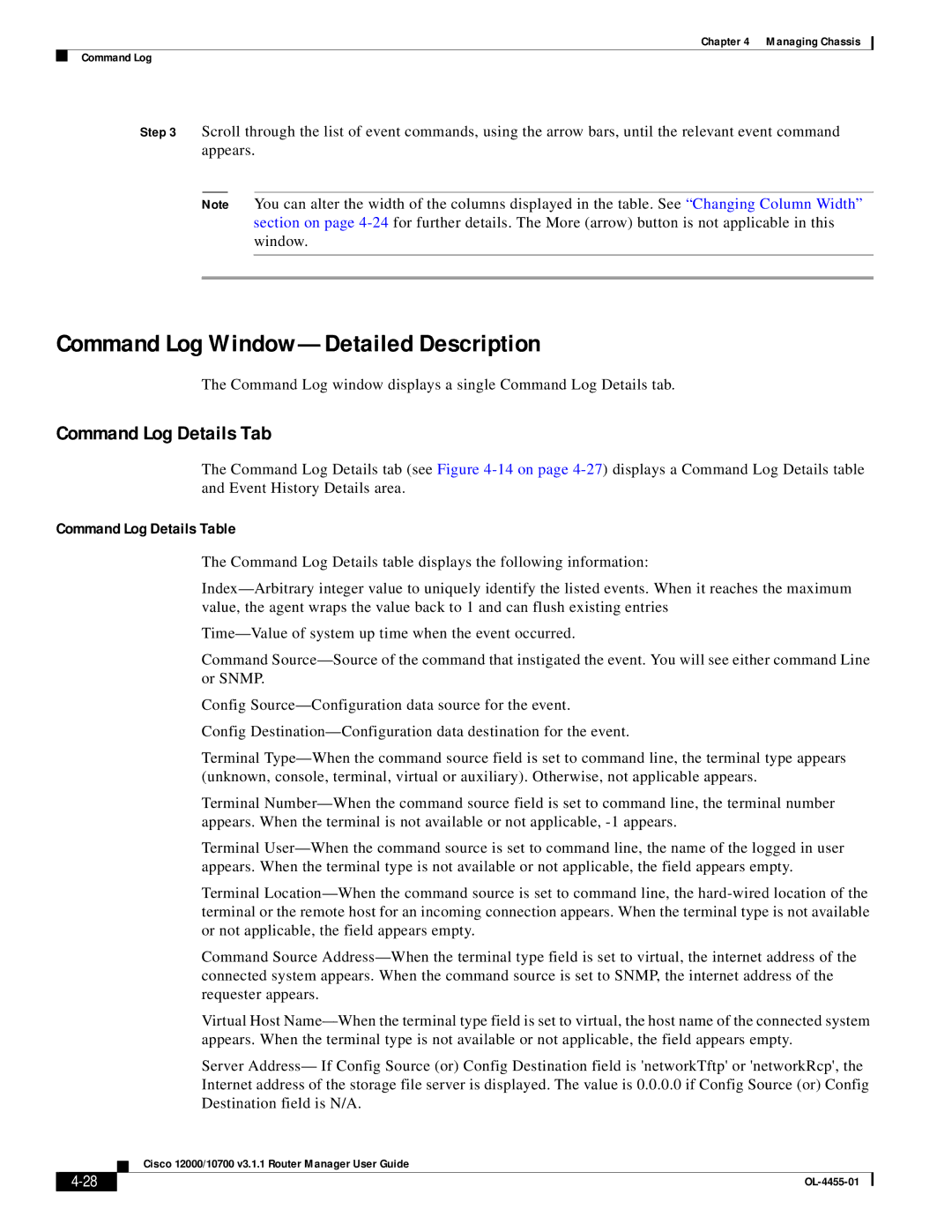 Cisco Systems 12000/10700 V3.1.1 manual Command Log Window-Detailed Description, Command Log Details Tab 