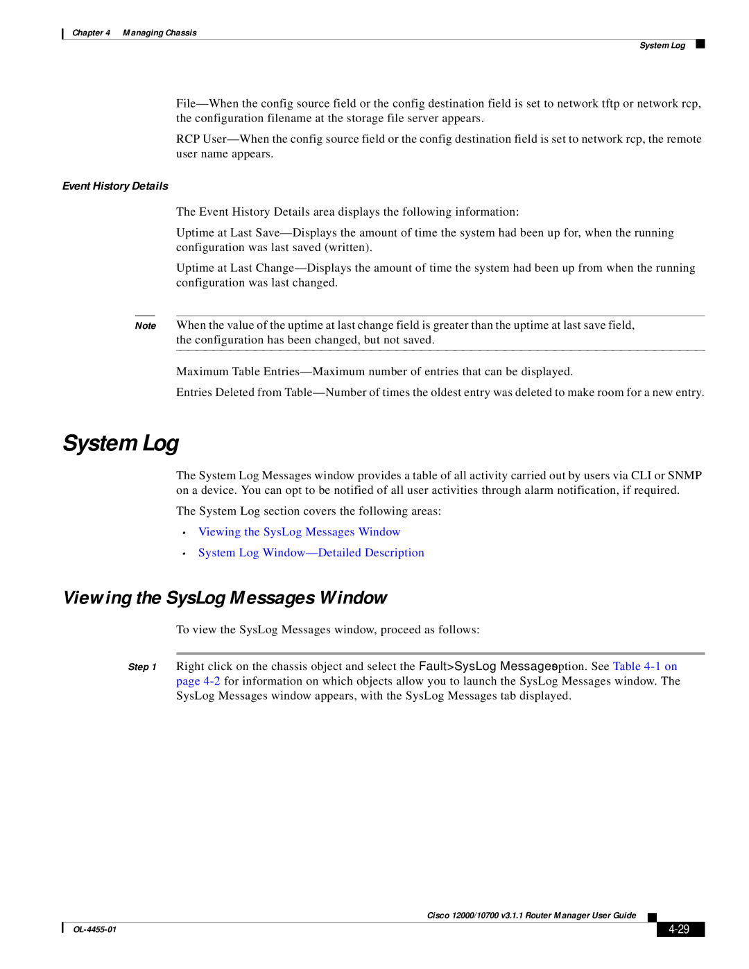 Cisco Systems 12000/10700 V3.1.1 manual System Log, Viewing the SysLog Messages Window, Event History Details 