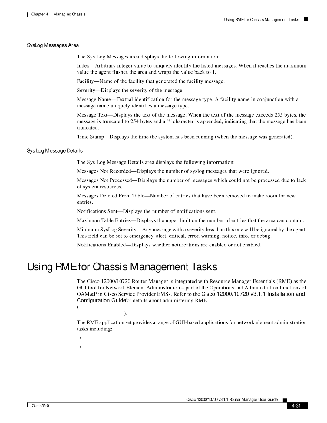 Cisco Systems 12000/10700 V3.1.1 Using RME for Chassis Management Tasks, SysLog Messages Area, Sys Log Message Details 