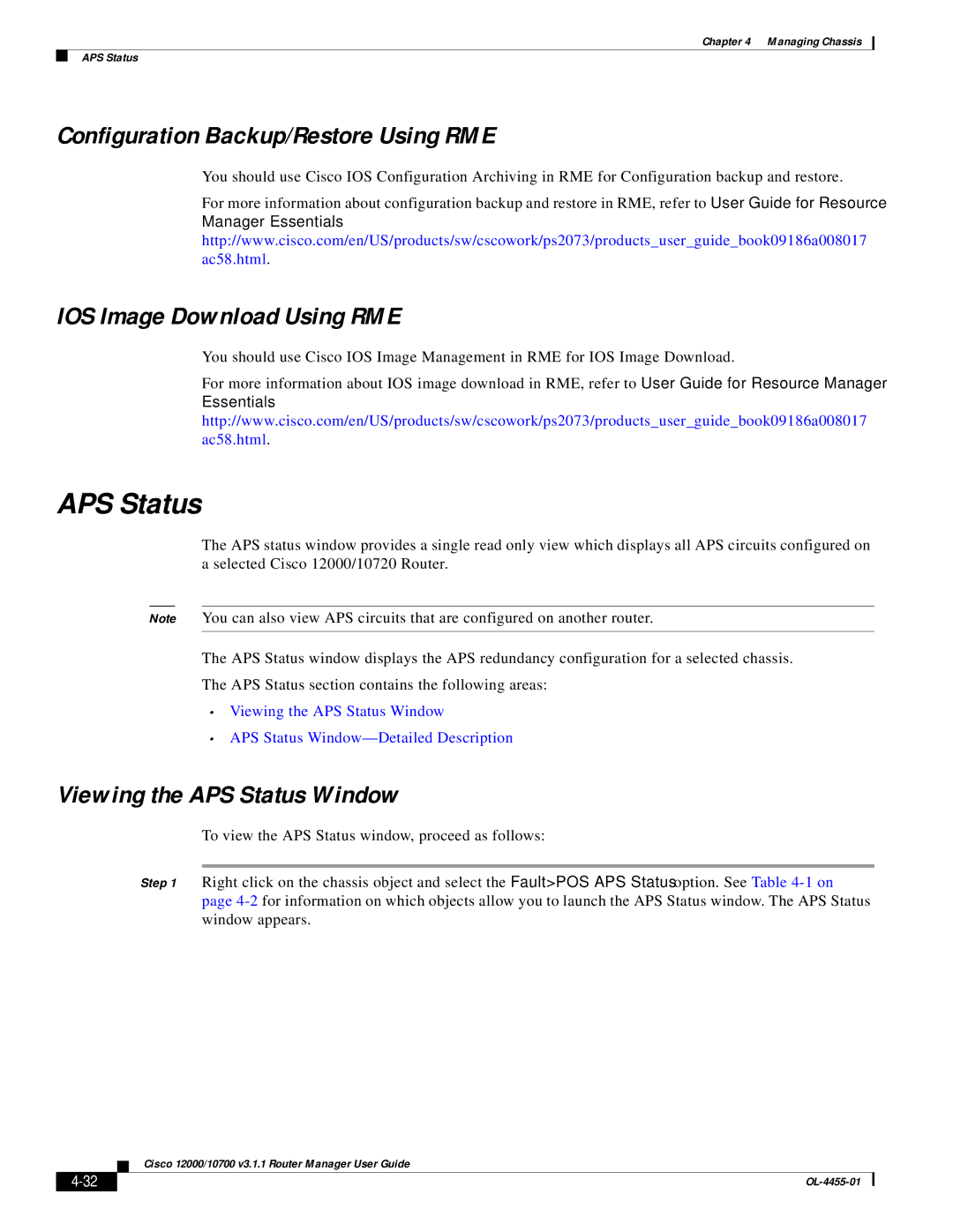 Cisco Systems 12000/10700 V3.1.1 manual APS Status, Configuration Backup/Restore Using RME, IOS Image Download Using RME 