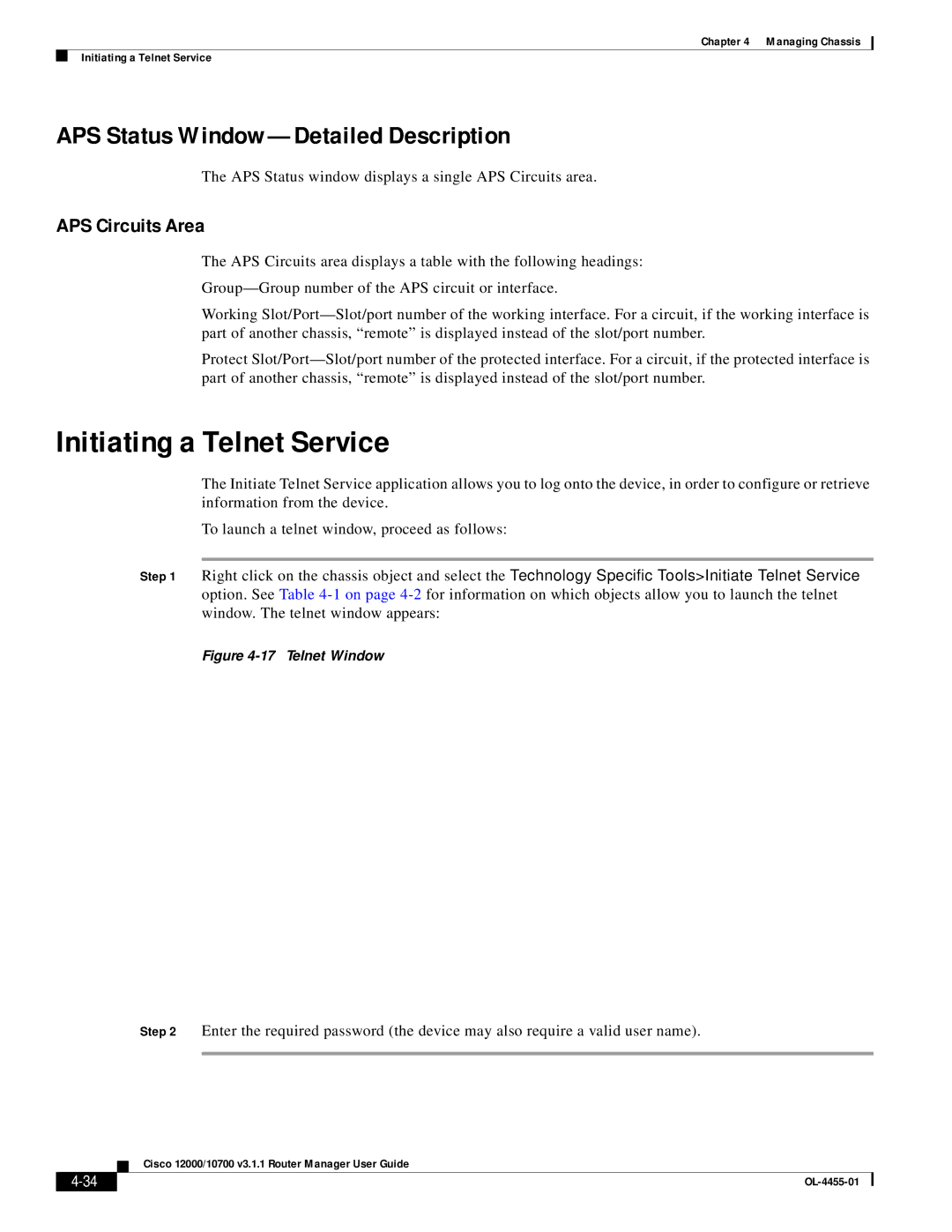 Cisco Systems 12000/10700 V3.1.1 Initiating a Telnet Service, APS Status Window-Detailed Description, APS Circuits Area 