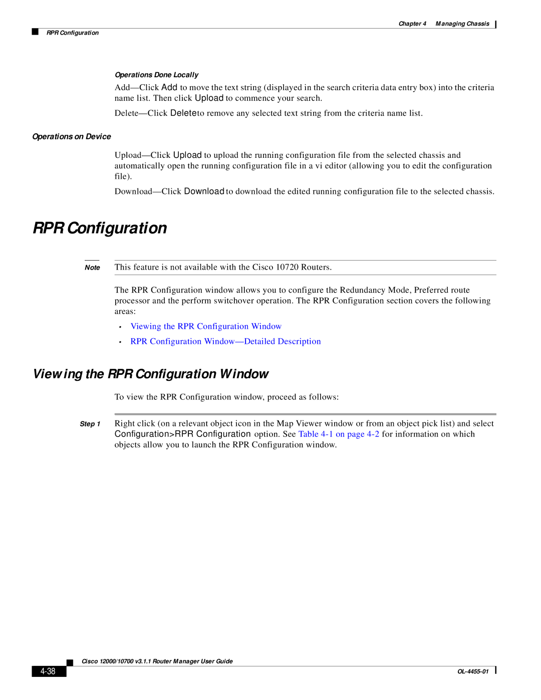 Cisco Systems 12000/10700 V3.1.1 Viewing the RPR Configuration Window, Operations on Device, Operations Done Locally 