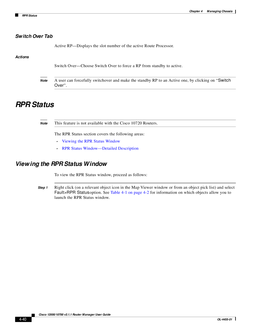 Cisco Systems 12000/10700 V3.1.1 manual Viewing the RPR Status Window, Switch Over Tab 