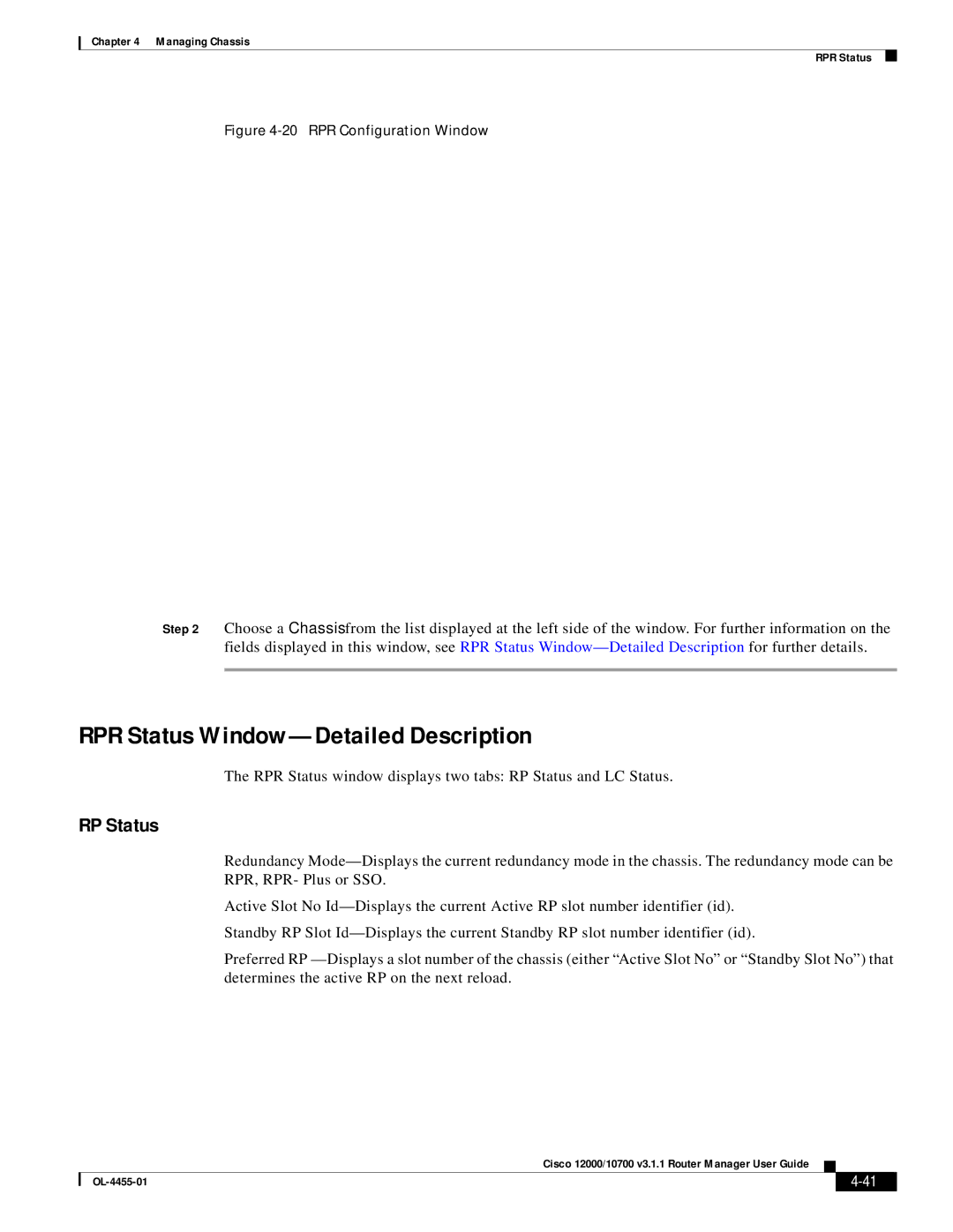 Cisco Systems 12000/10700 V3.1.1 manual RPR Status Window-Detailed Description, RP Status 