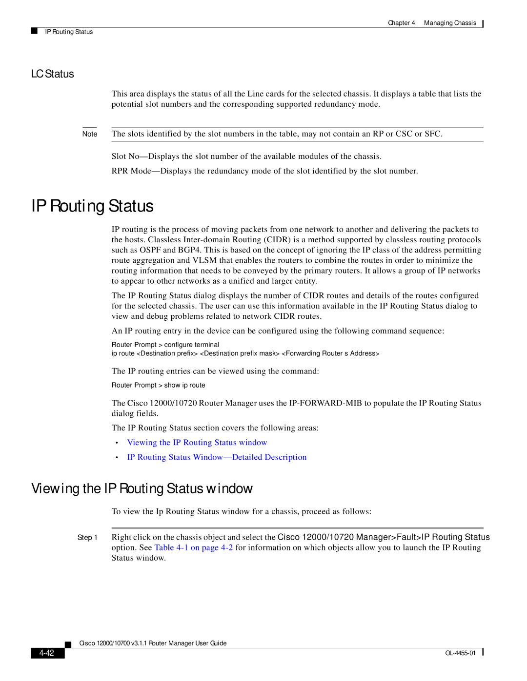 Cisco Systems 12000/10700 V3.1.1 manual Viewing the IP Routing Status window, LC Status 