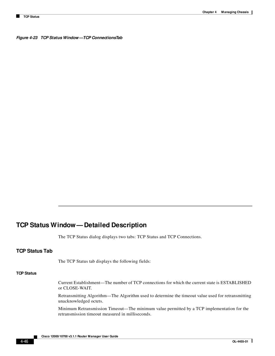 Cisco Systems 12000/10700 V3.1.1 manual TCP Status Window-Detailed Description, TCP Status Tab 