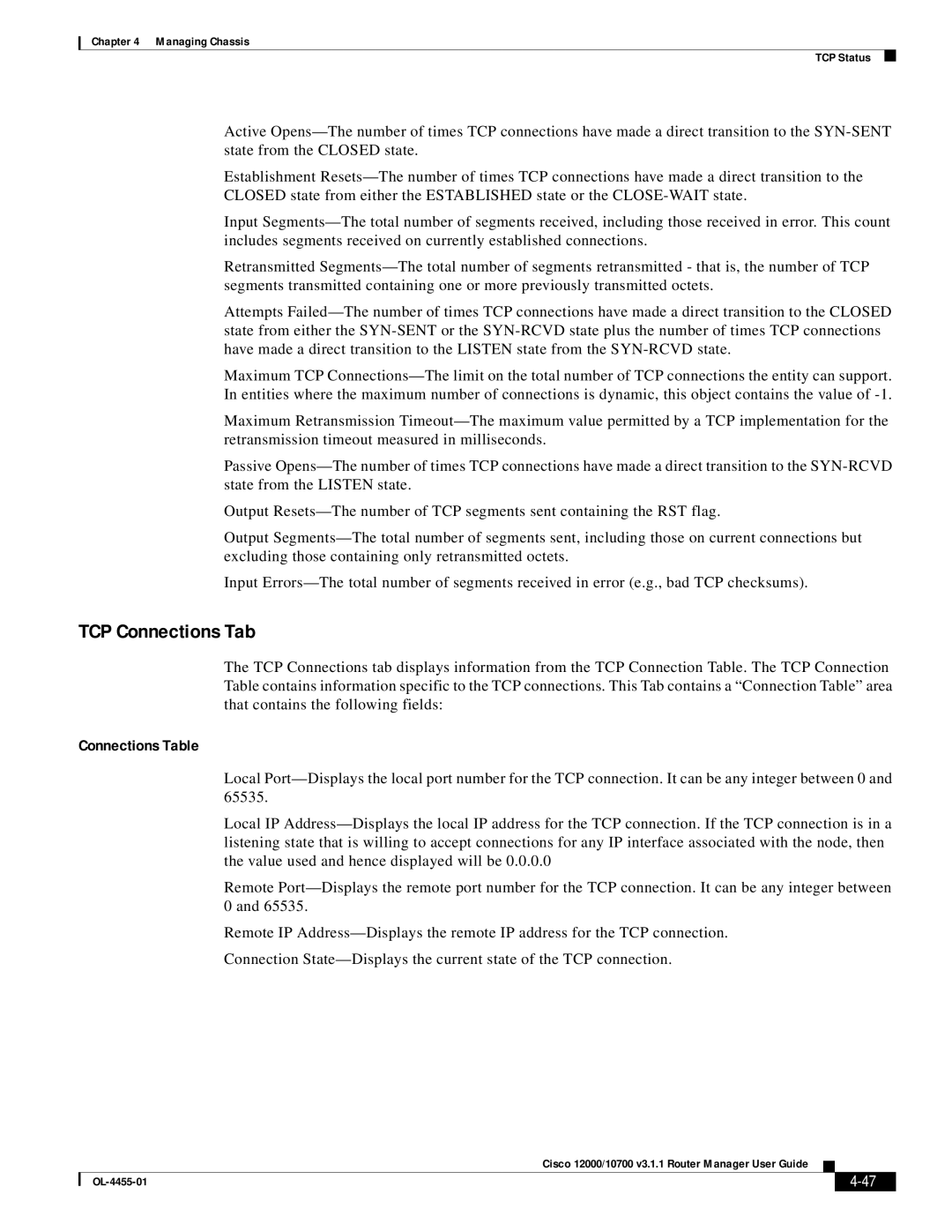 Cisco Systems 12000/10700 V3.1.1 manual TCP Connections Tab, Connections Table 