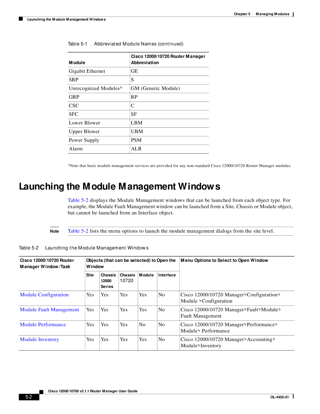 Cisco Systems 12000/10700 V3.1.1 manual Launching the Module Management Windows, Cisco 12000/10720 Router 