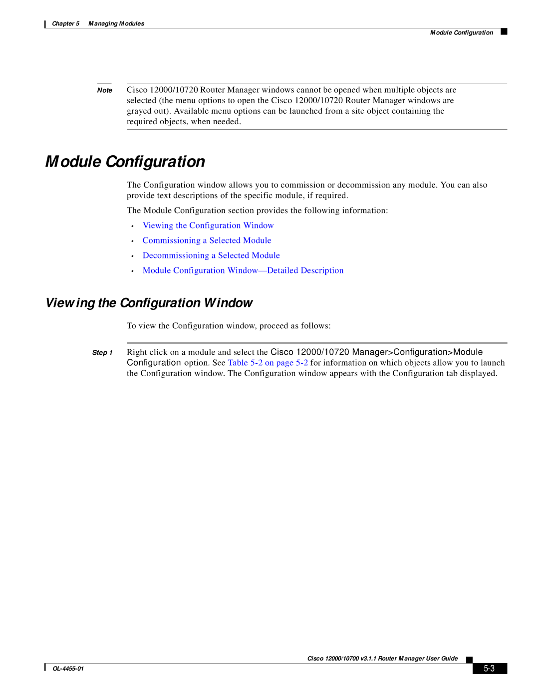 Cisco Systems 12000/10700 V3.1.1 manual Module Configuration, Viewing the Configuration Window 