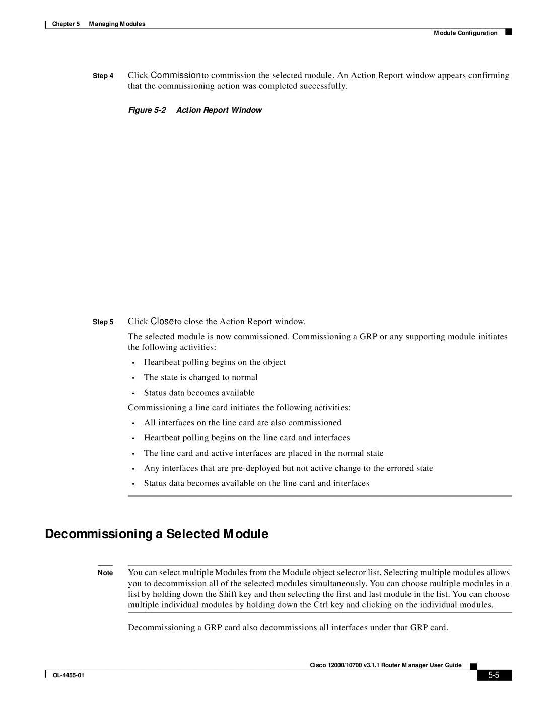 Cisco Systems 12000/10700 V3.1.1 manual Decommissioning a Selected Module, Action Report Window 