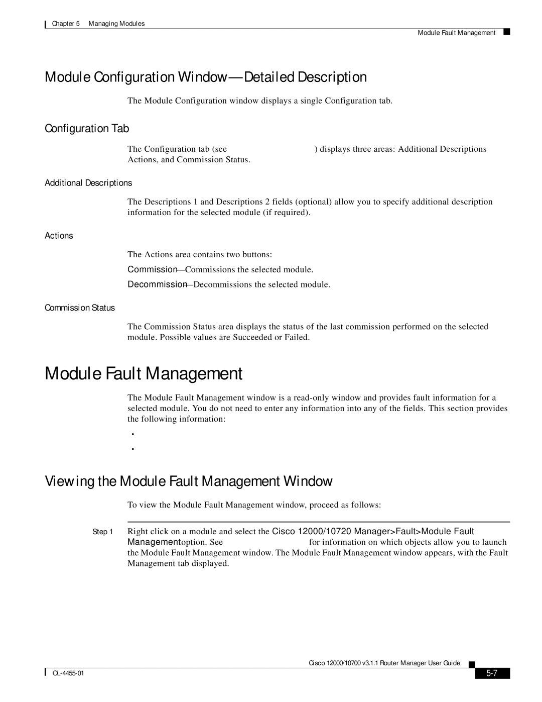 Cisco Systems 12000/10700 V3.1.1 manual Module Fault Management, Module Configuration Window-Detailed Description 