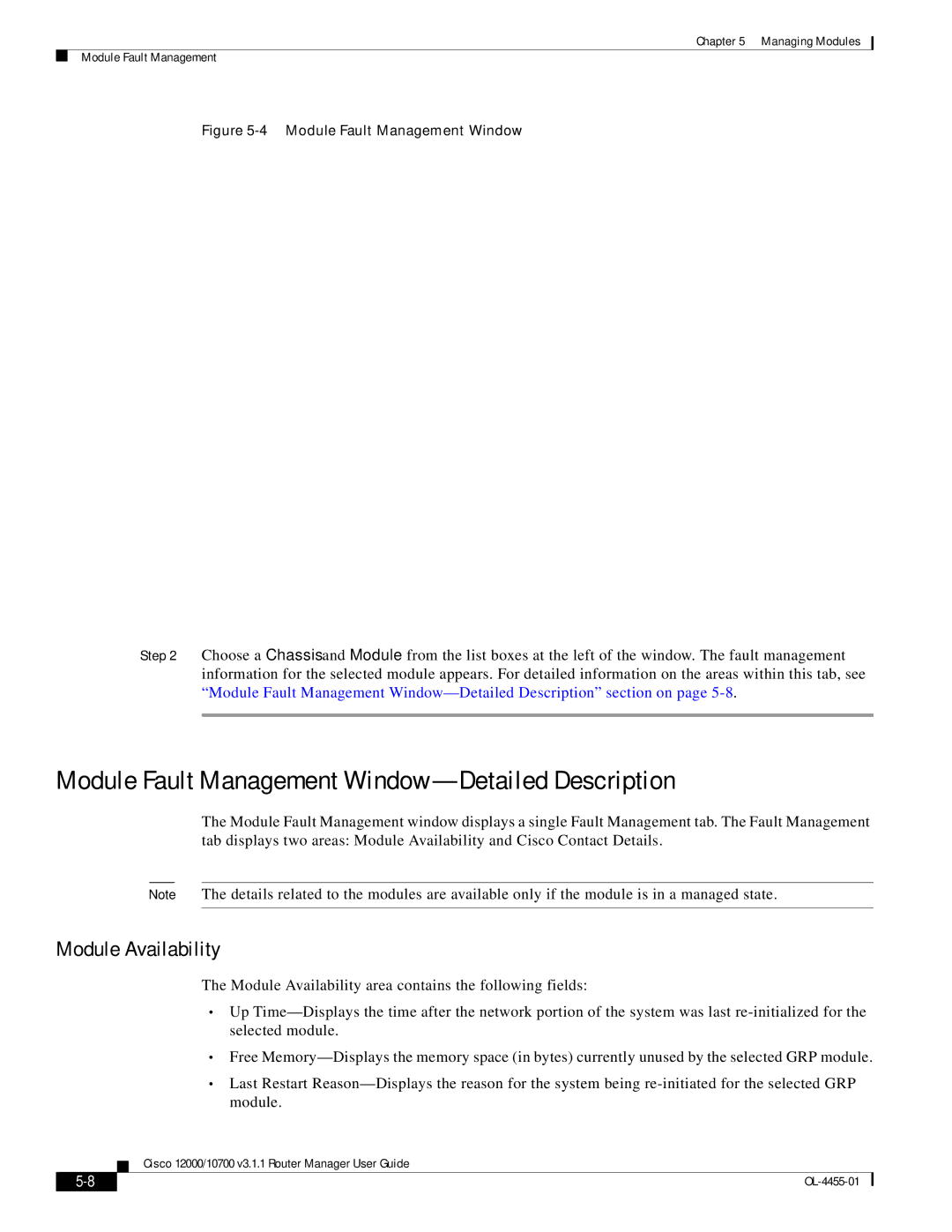 Cisco Systems 12000/10700 V3.1.1 manual Module Fault Management Window-Detailed Description, Module Availability 