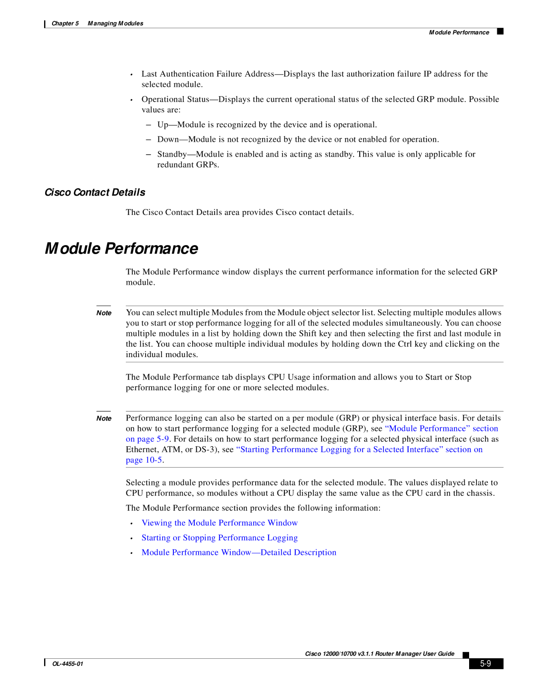 Cisco Systems 12000/10700 V3.1.1 manual Module Performance, Cisco Contact Details 