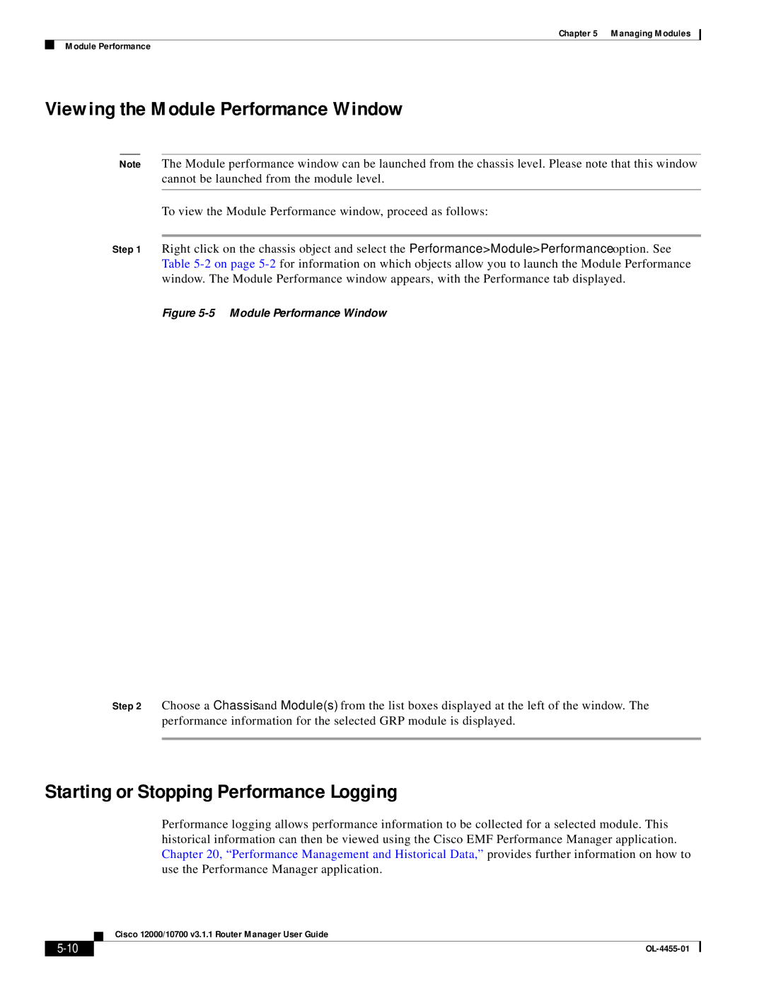 Cisco Systems 12000/10700 V3.1.1 manual Viewing the Module Performance Window, Starting or Stopping Performance Logging 