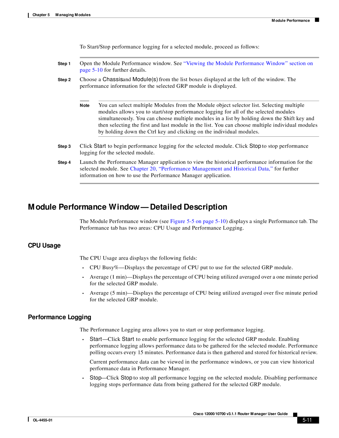 Cisco Systems 12000/10700 V3.1.1 manual Module Performance Window-Detailed Description, CPU Usage, Performance Logging 