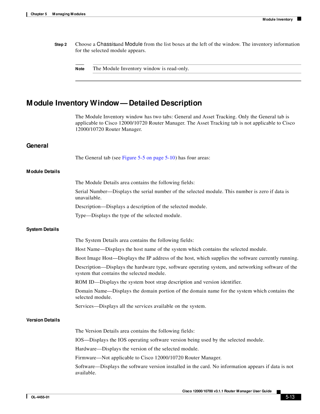 Cisco Systems 12000/10700 V3.1.1 manual Module Inventory Window-Detailed Description, General, Module Details 