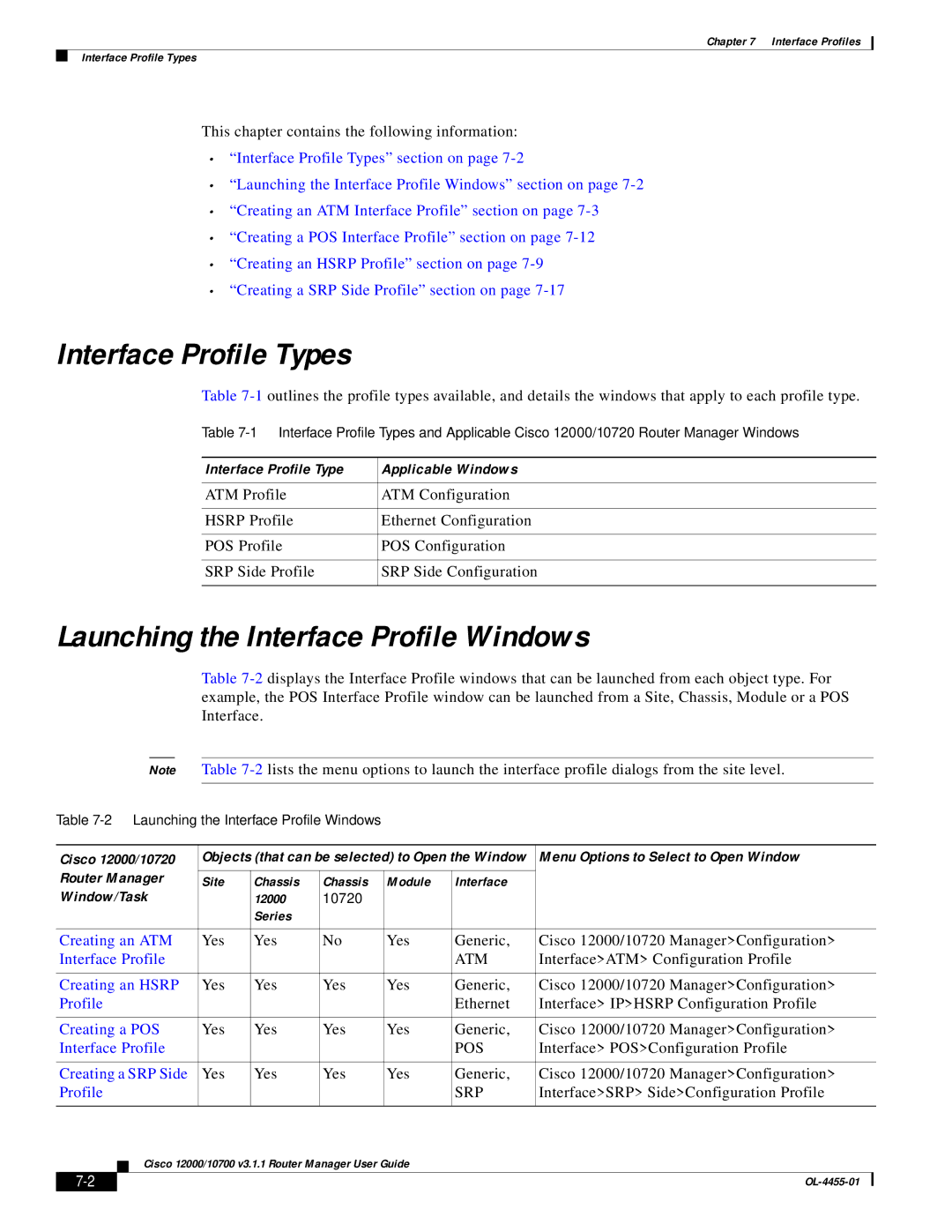 Cisco Systems 12000/10700 V3.1.1 manual Interface Profile Types, Launching the Interface Profile Windows 