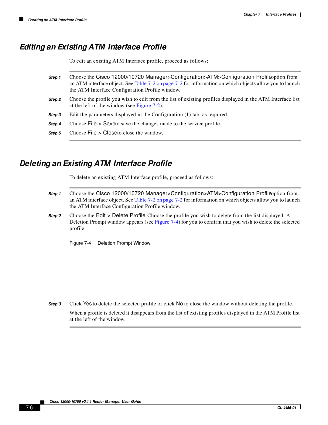 Cisco Systems 12000/10700 V3.1.1 Editing an Existing ATM Interface Profile, Deleting an Existing ATM Interface Profile 