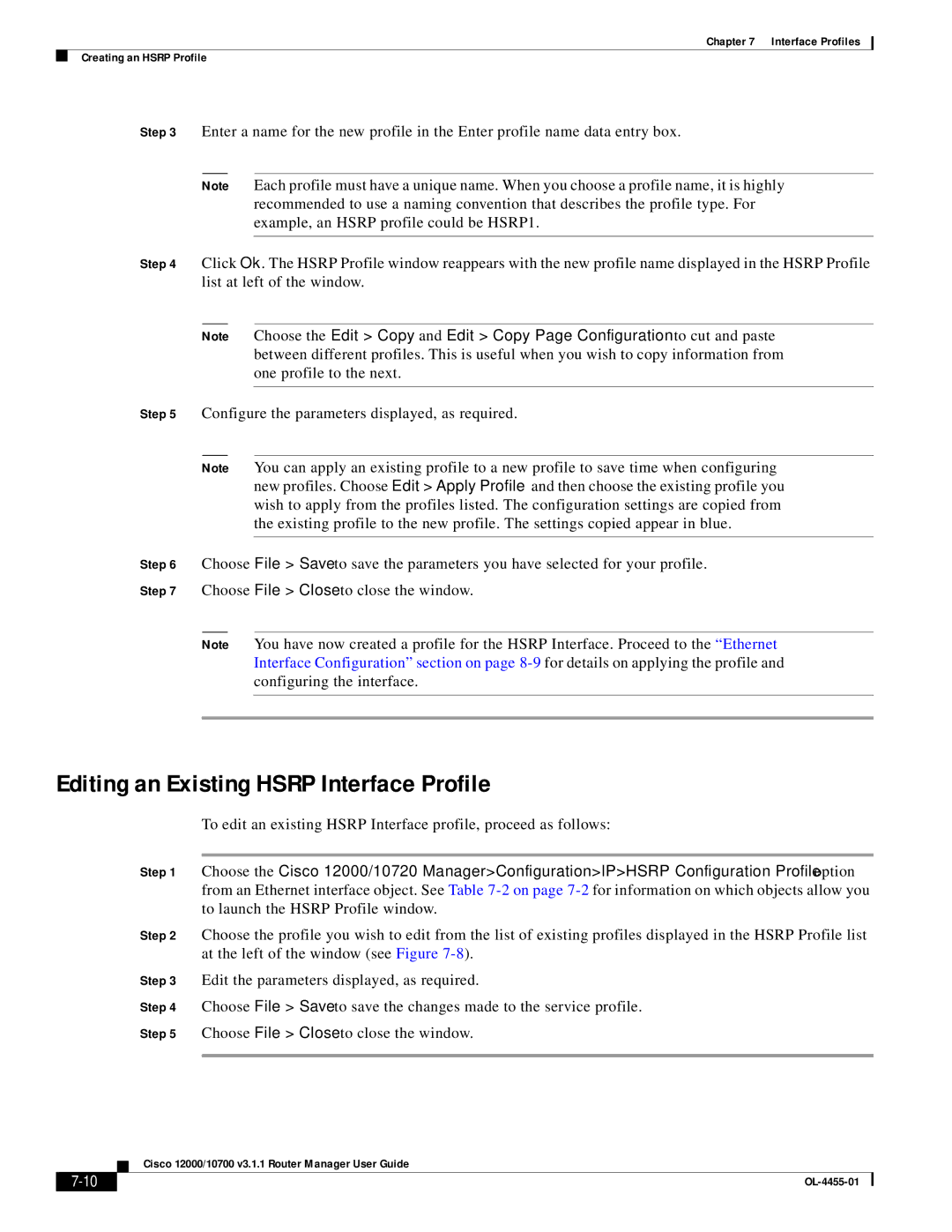 Cisco Systems 12000/10700 V3.1.1 manual Editing an Existing Hsrp Interface Profile 