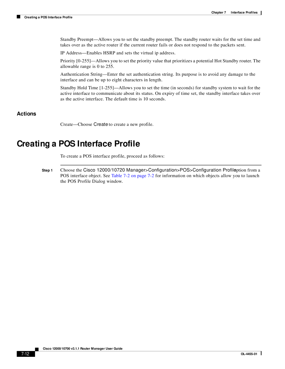 Cisco Systems 12000/10700 V3.1.1 manual Creating a POS Interface Profile, Actions 