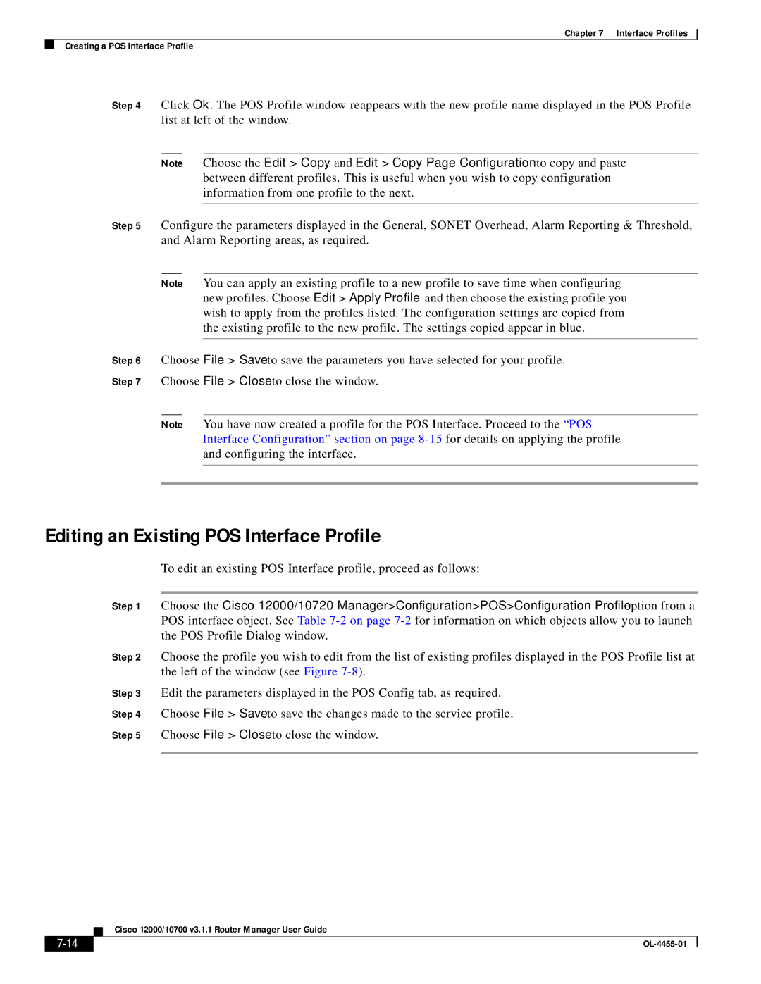 Cisco Systems 12000/10700 V3.1.1 manual Editing an Existing POS Interface Profile 