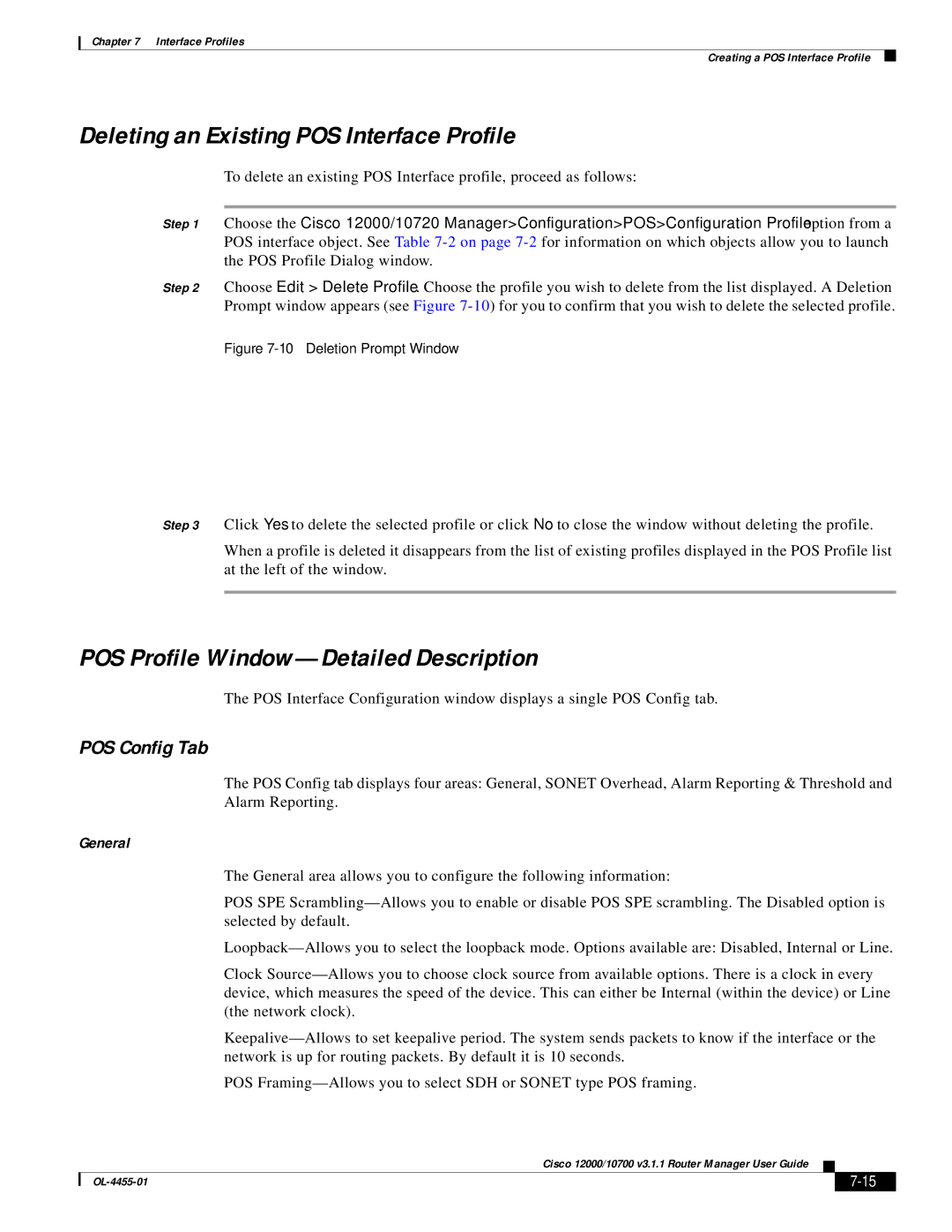 Cisco Systems 12000/10700 V3.1.1 manual Deleting an Existing POS Interface Profile, POS Profile Window-Detailed Description 