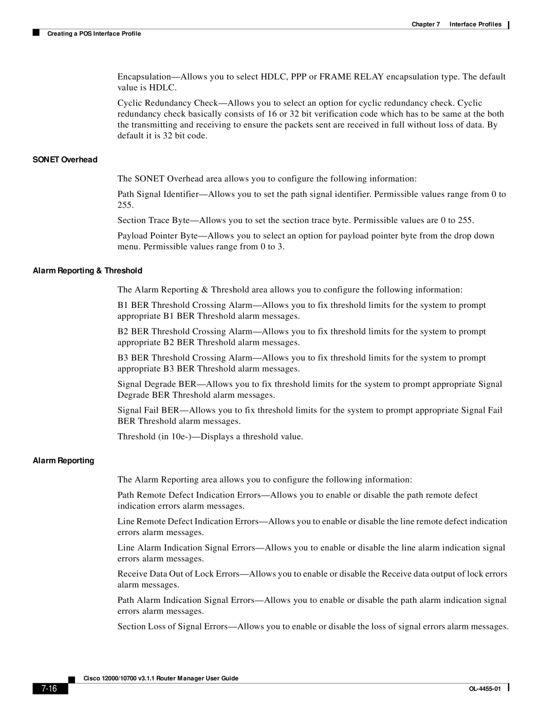 Cisco Systems 12000/10700 V3.1.1 manual Sonet Overhead, Alarm Reporting & Threshold 