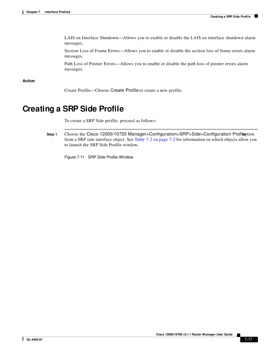 Cisco Systems 12000/10700 V3.1.1 manual Creating a SRP Side Profile, SRP Side Profile Window 