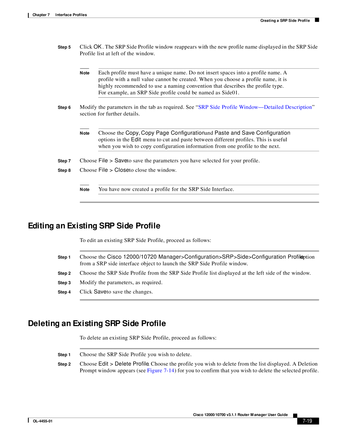 Cisco Systems 12000/10700 V3.1.1 manual Editing an Existing SRP Side Profile, Deleting an Existing SRP Side Profile 