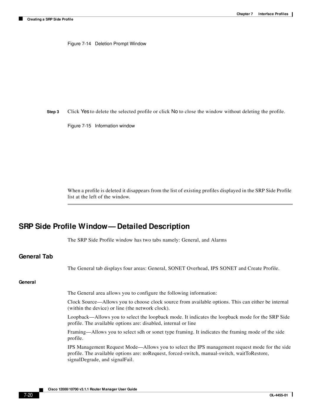 Cisco Systems 12000/10700 V3.1.1 manual SRP Side Profile Window-Detailed Description, Deletion Prompt Window 