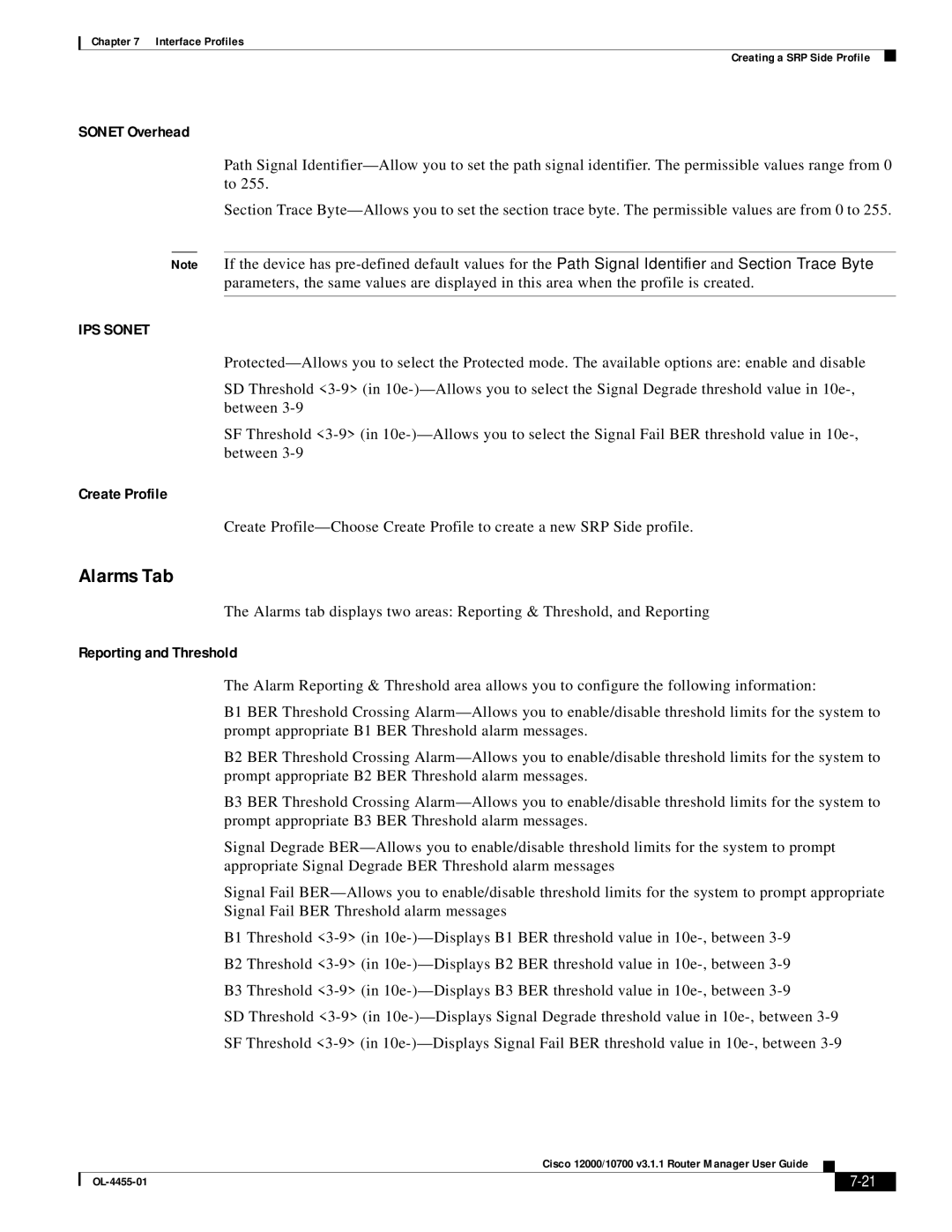 Cisco Systems 12000/10700 V3.1.1 manual Alarms Tab, Create Profile, Reporting and Threshold 