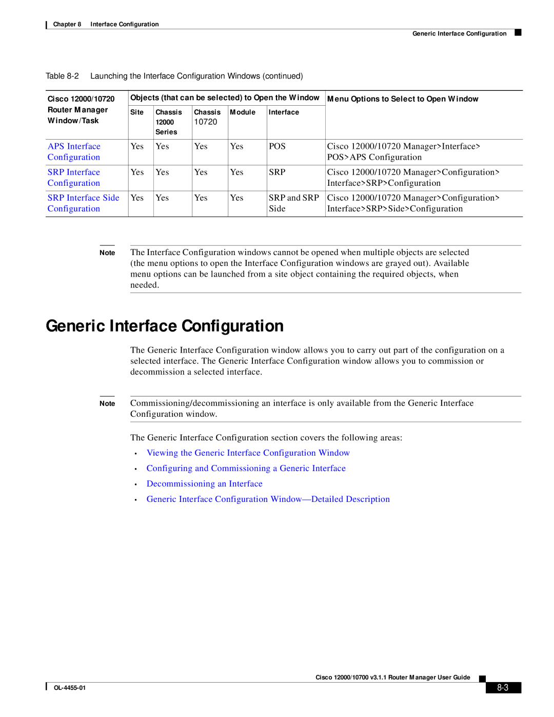 Cisco Systems 12000/10700 V3.1.1 manual Generic Interface Configuration, Menu Options to Select to Open Window 