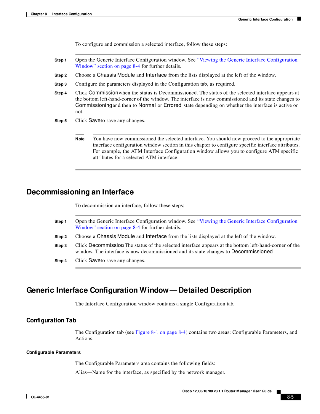 Cisco Systems 12000/10700 V3.1.1 Decommissioning an Interface, Generic Interface Configuration Window-Detailed Description 