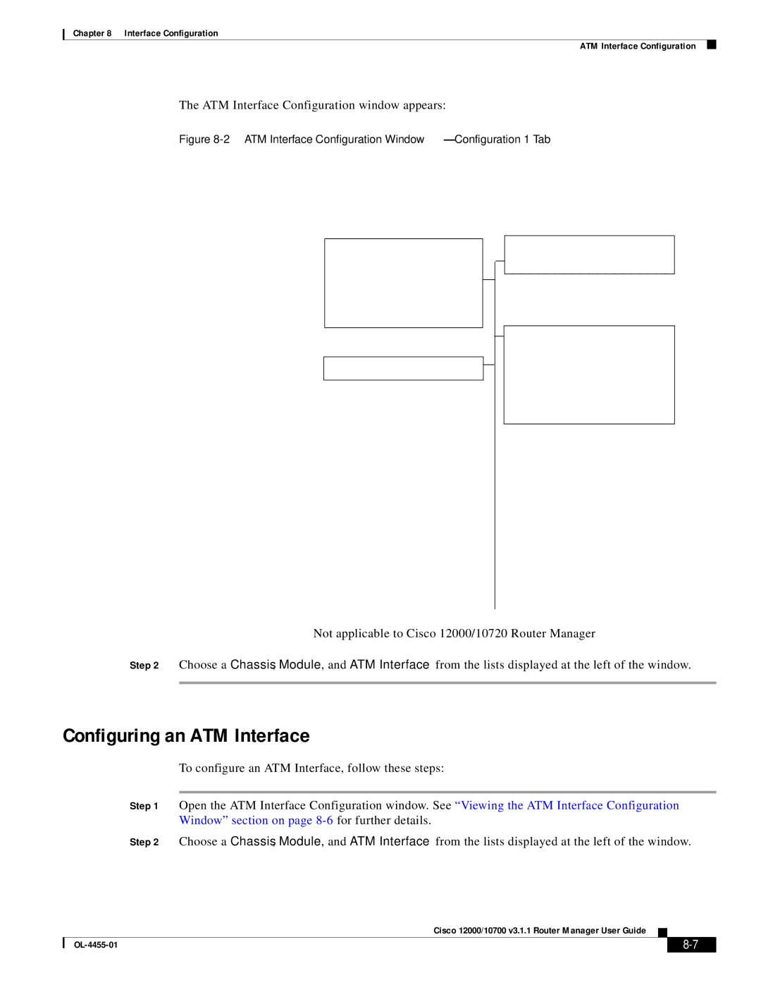 Cisco Systems 12000/10700 V3.1.1 Configuring an ATM Interface, ATM Interface Configuration Window-Configuration 1 Tab 