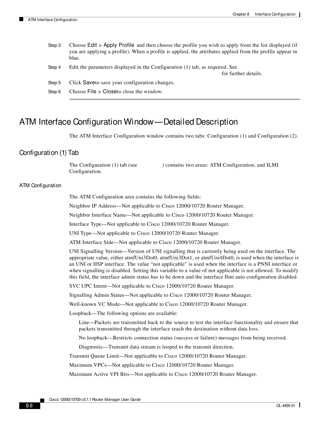 Cisco Systems 12000/10700 V3.1.1 manual ATM Interface Configuration Window-Detailed Description, Configuration 1 Tab 