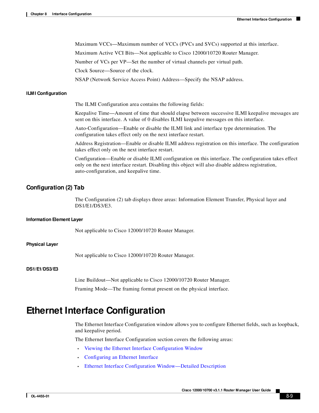 Cisco Systems 12000/10700 V3.1.1 manual Ethernet Interface Configuration, Ilmi Configuration 