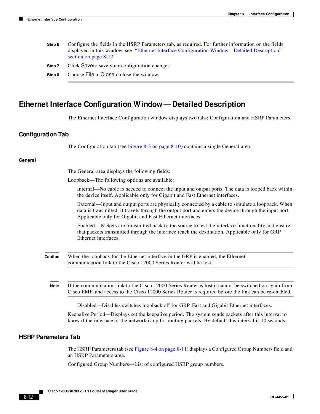 Cisco Systems 12000/10700 V3.1.1 manual Ethernet Interface Configuration Window-Detailed Description, Hsrp Parameters Tab 