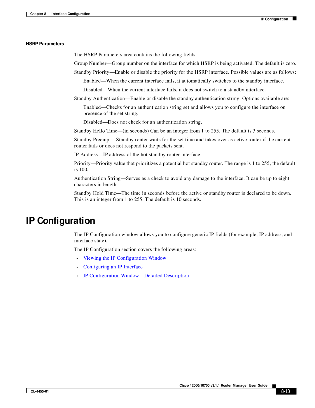 Cisco Systems 12000/10700 V3.1.1 manual IP Configuration, Hsrp Parameters 