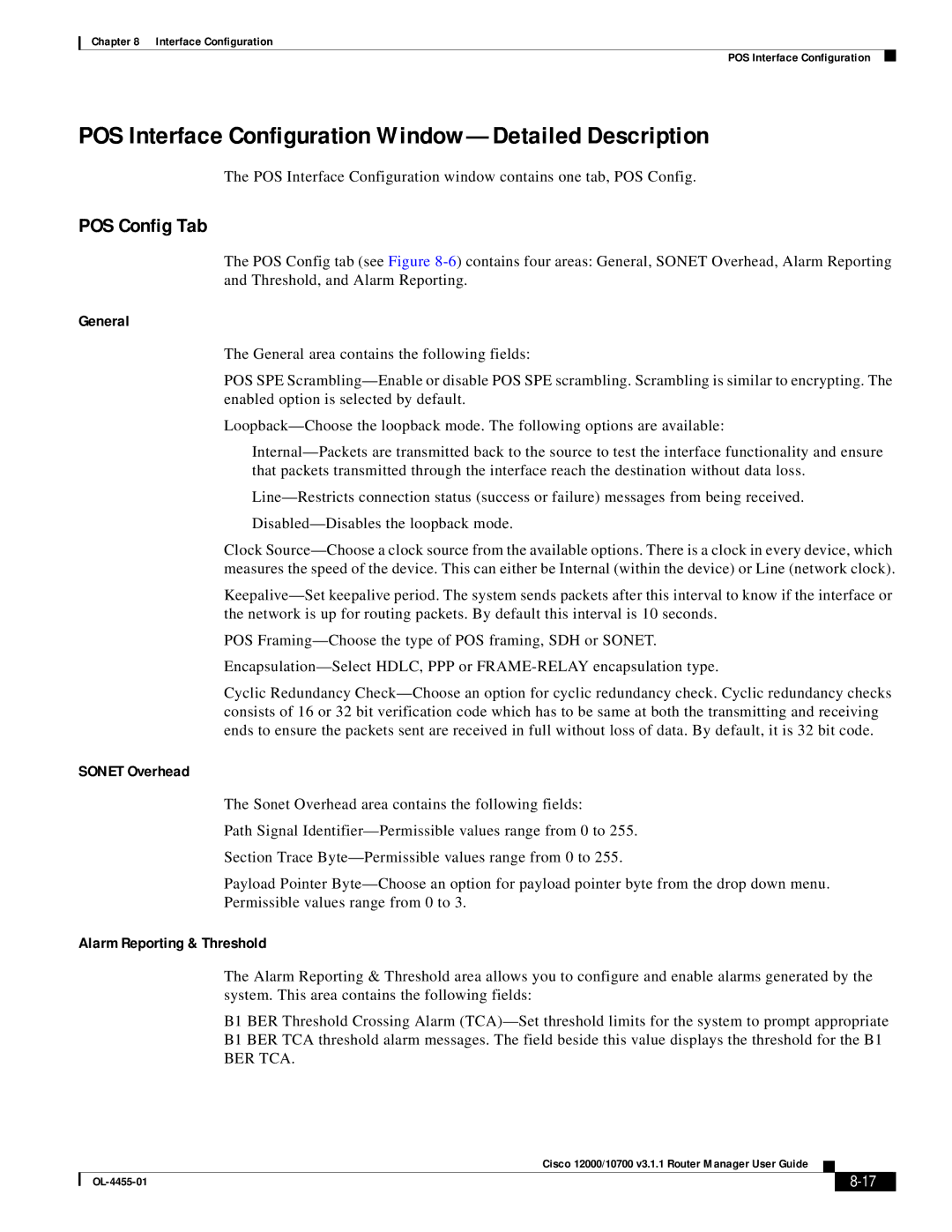 Cisco Systems 12000/10700 V3.1.1 manual POS Interface Configuration Window-Detailed Description, Ber Tca 