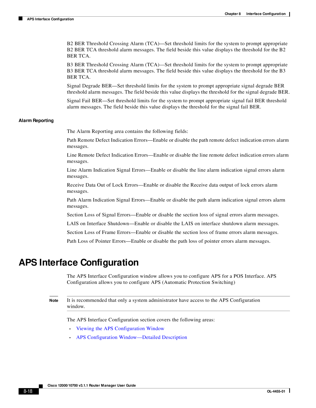 Cisco Systems 12000/10700 V3.1.1 manual APS Interface Configuration, Alarm Reporting 