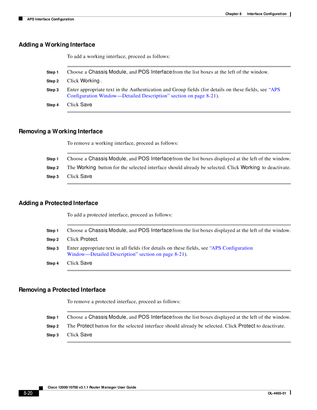 Cisco Systems 12000/10700 V3.1.1 Adding a Working Interface, Removing a Working Interface, Adding a Protected Interface 