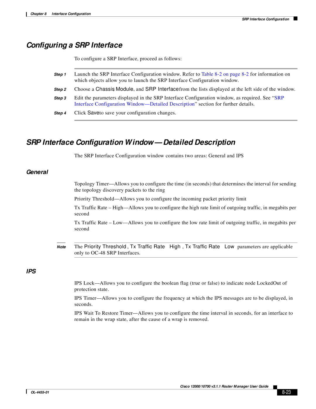 Cisco Systems 12000/10700 V3.1.1 Configuring a SRP Interface, SRP Interface Configuration Window-Detailed Description 