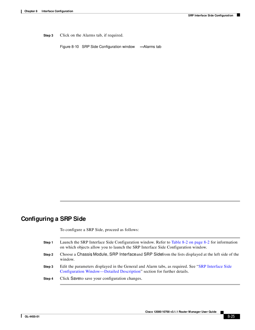 Cisco Systems 12000/10700 V3.1.1 manual Configuring a SRP Side, SRP Side Configuration window-Alarms tab 