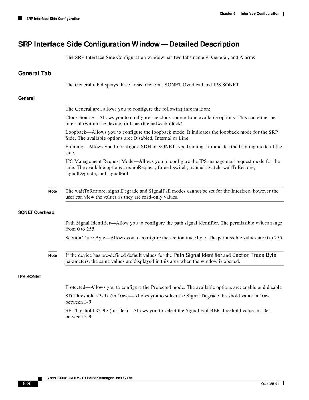 Cisco Systems 12000/10700 V3.1.1 manual SRP Interface Side Configuration Window-Detailed Description 