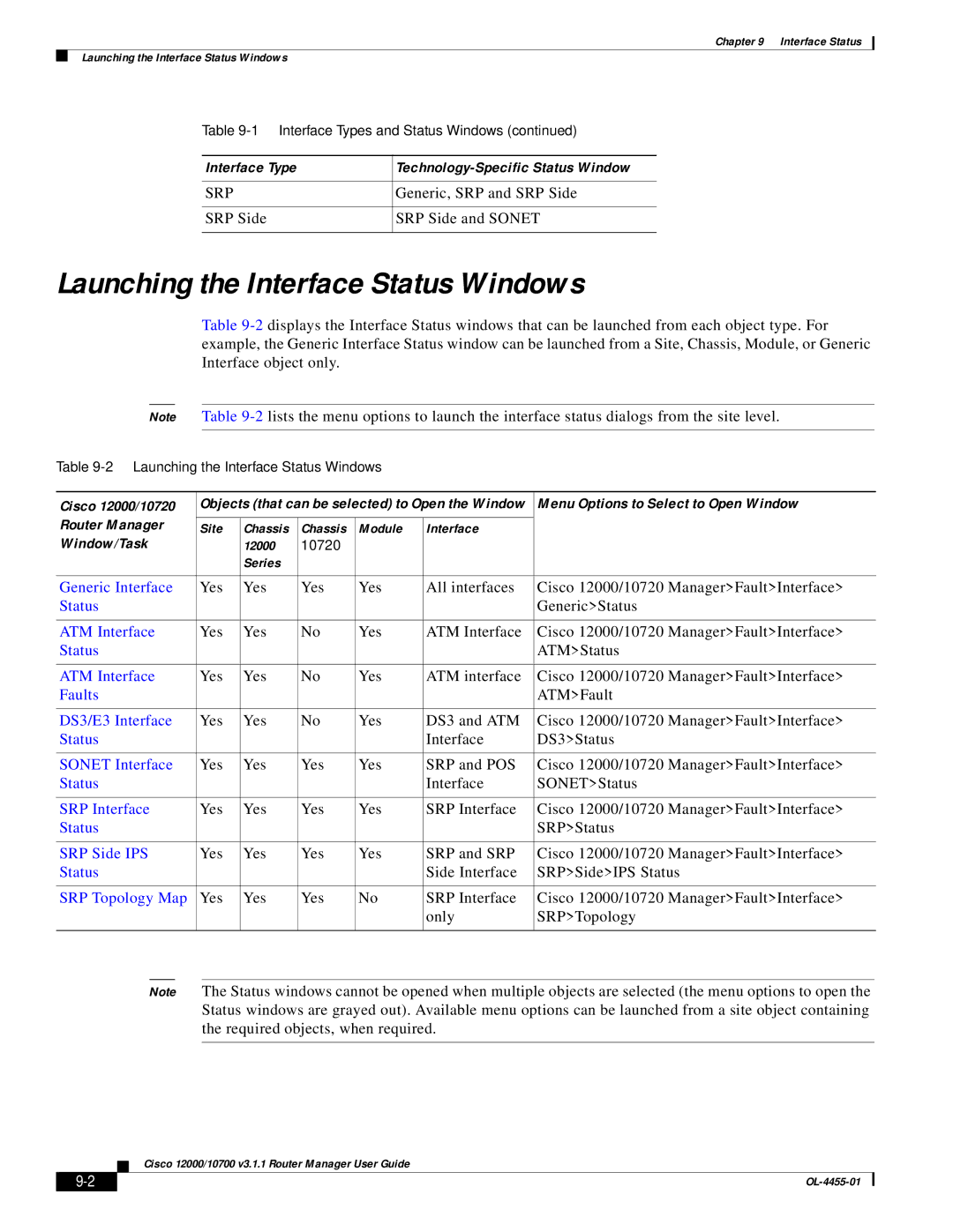 Cisco Systems 12000/10700 V3.1.1 manual Launching the Interface Status Windows, Cisco 12000/10720 