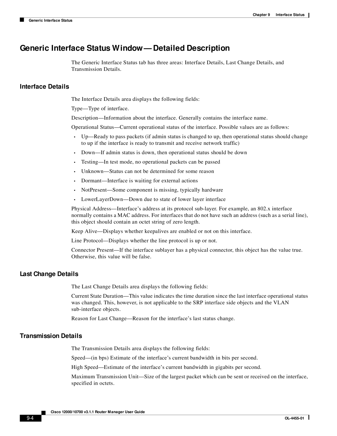 Cisco Systems 12000/10700 V3.1.1 manual Generic Interface Status Window-Detailed Description, Interface Details 