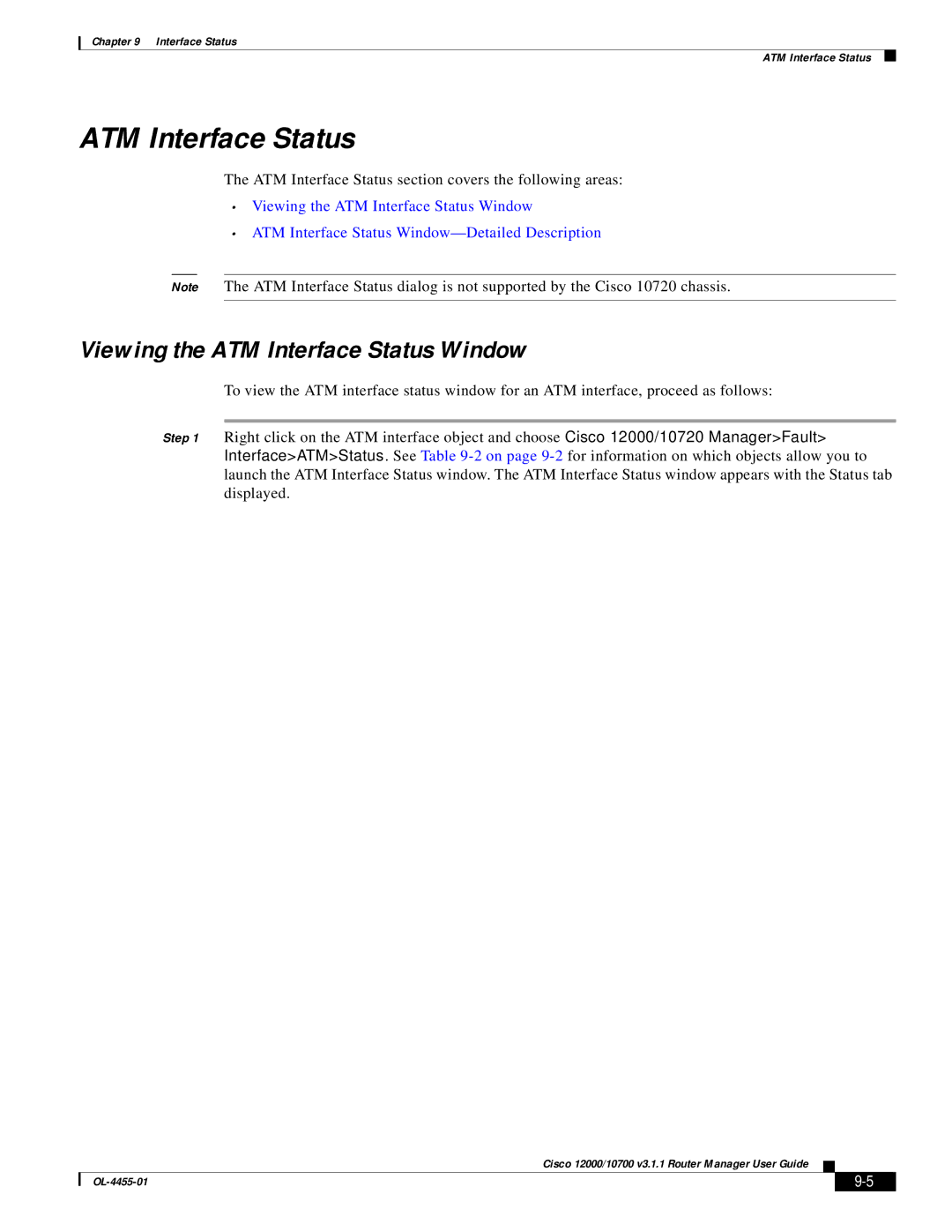 Cisco Systems 12000/10700 V3.1.1 manual Viewing the ATM Interface Status Window 