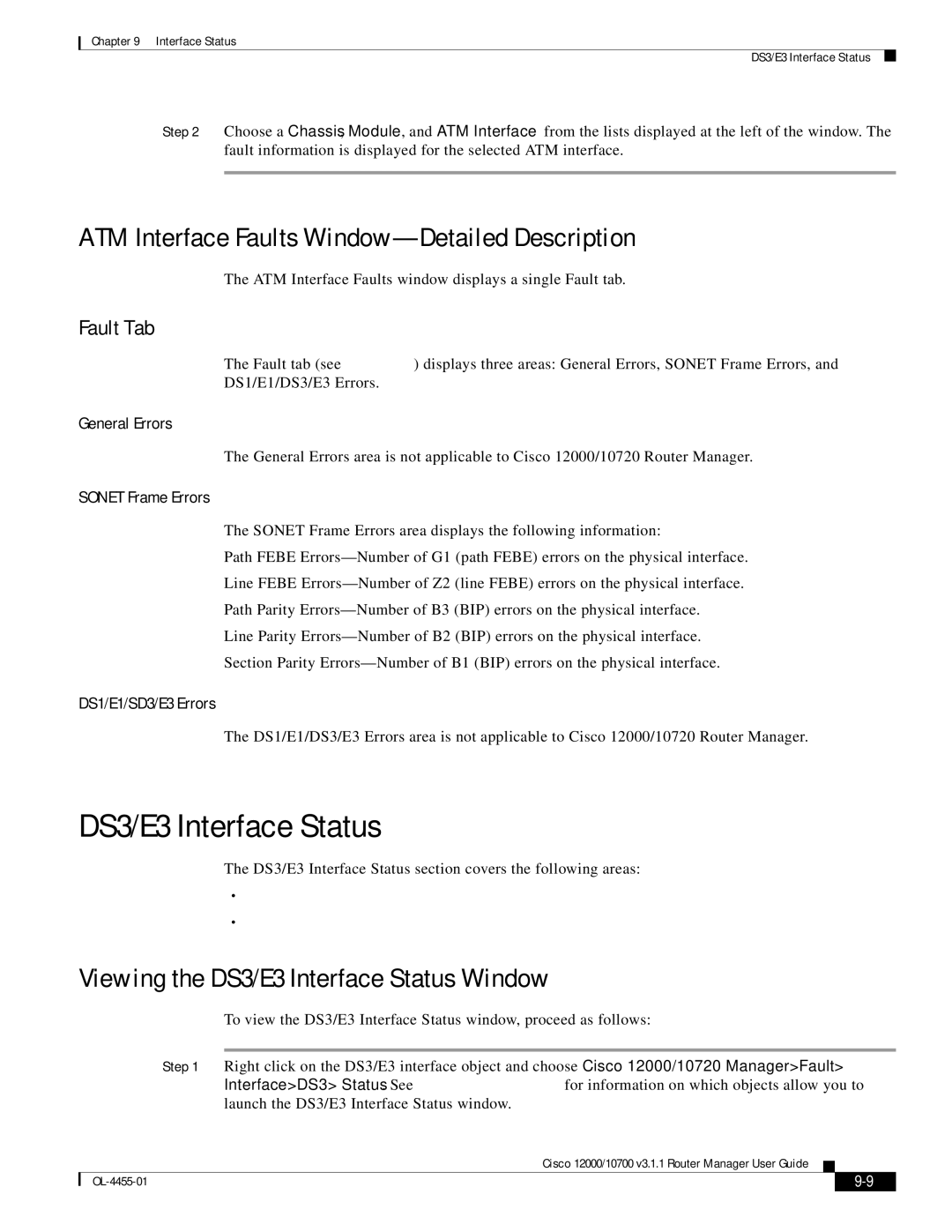 Cisco Systems 12000/10700 V3.1.1 DS3/E3 Interface Status, ATM Interface Faults Window-Detailed Description, Fault Tab 