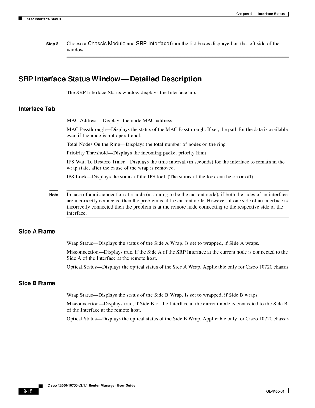 Cisco Systems 12000/10700 V3.1.1 manual SRP Interface Status Window-Detailed Description, Interface Tab, Side a Frame 