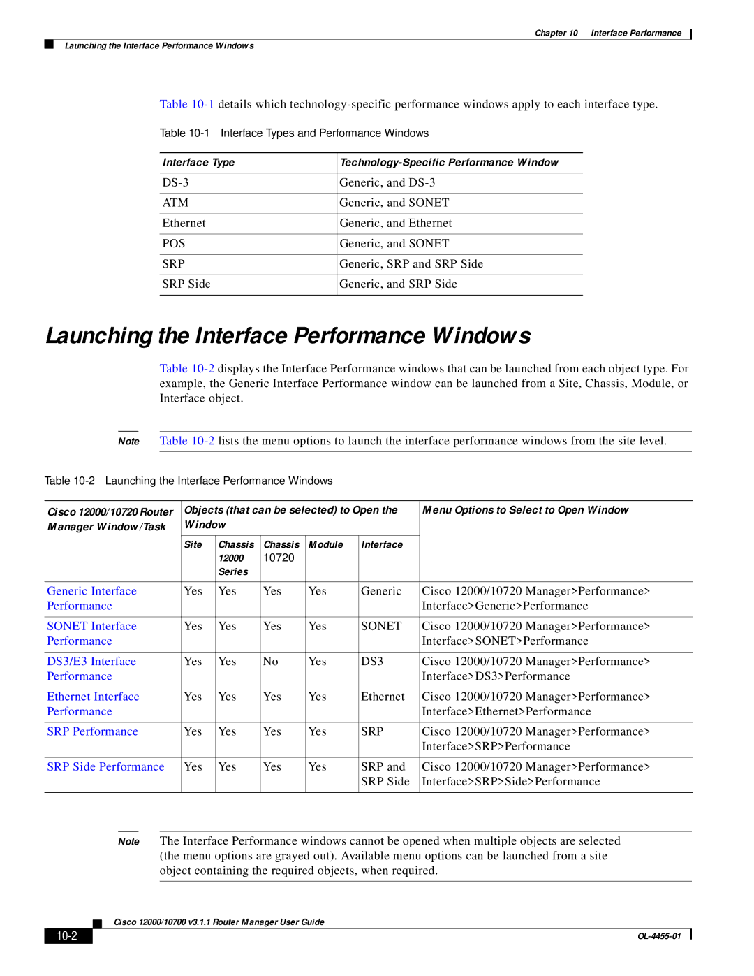 Cisco Systems 12000/10700 V3.1.1 manual Launching the Interface Performance Windows, 10-2 